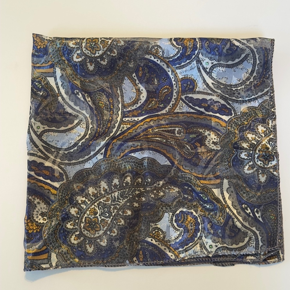 Blue Gold Paisley Square Scarf Silk Feel Sheer‎ Neck Hair Accessory Classy Chic